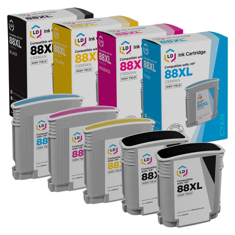 LD خراطيش حبر معاد تصنيعها من LD Products بديل لـ HP 88XL عالية الإنتاج (2 أسود، 1 أزرق، 1 أرجواني، 1 أصفر، 5-pack) متوافقة مع K5300 K5400 K5400dn K5400dtn K5400tn K5456z K550dtn K550dtwn - Image 1